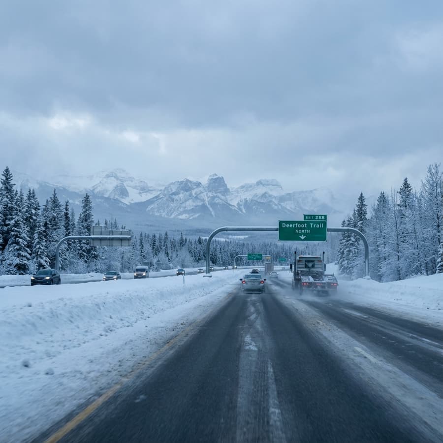 Deerfoot Trail in winter: snow-packed lanes, traffic and a truck heading north under the Deerfoot Trail sign, with the Rockies on the horizon